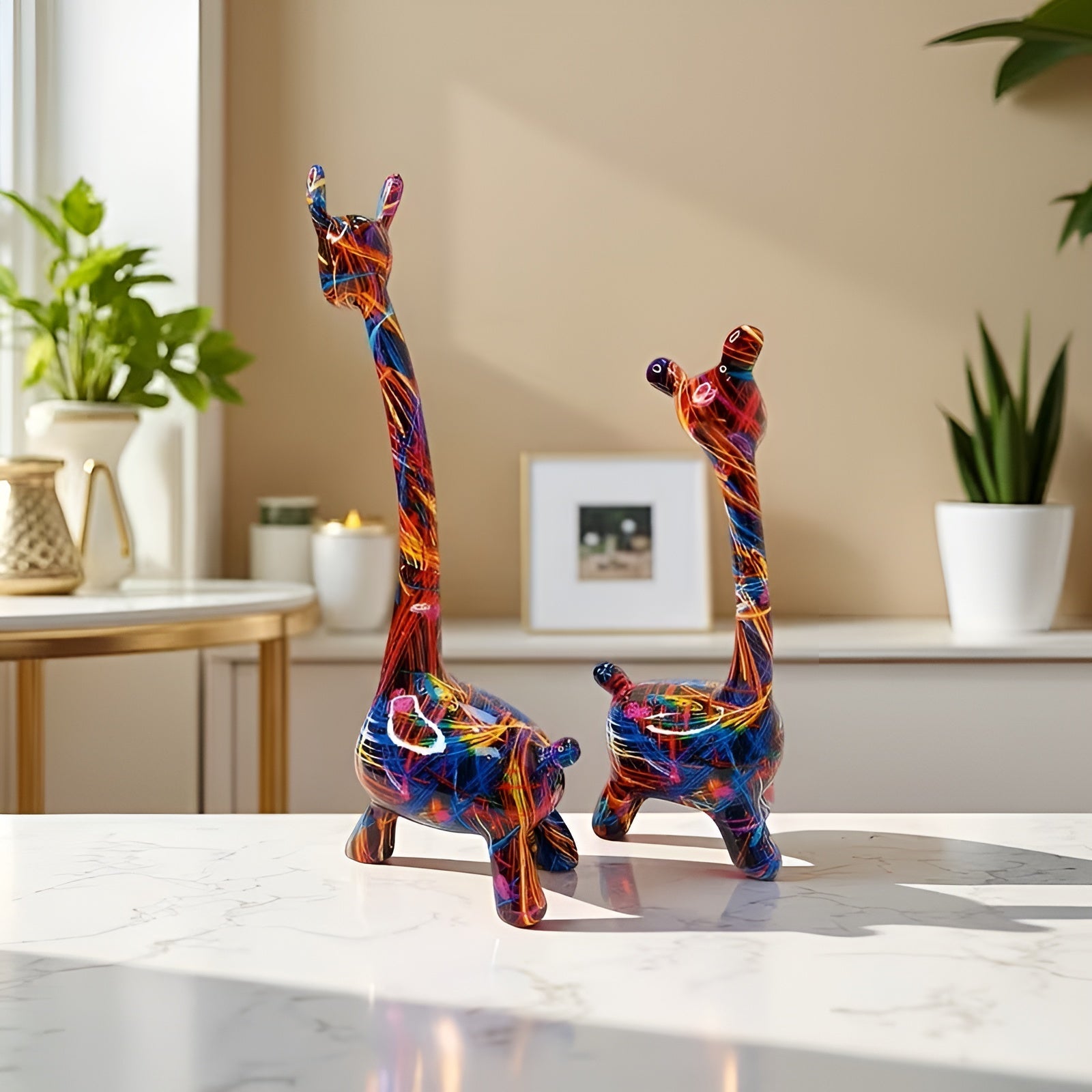 Fargerik Giraffigur – Kreativ Dyrepynt Av Harpiks | Dekorativ Og Moderne