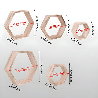 Vegghyller i Tre – Dekorativt 5-Pack i Sekskantet Design | Perfekt for Oppholdsrom