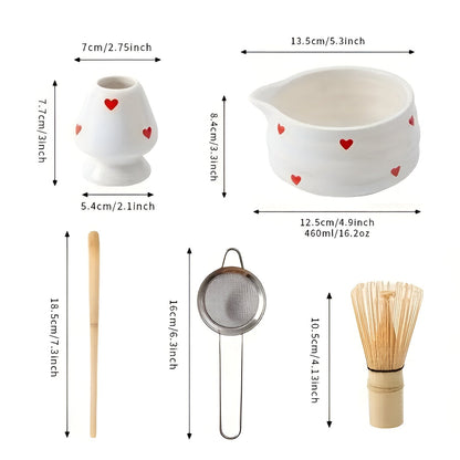 Matcha-sett Med Hjertedesign - 1/3/4/5-delt Tut Og Bambusvisp | Ideell For Hjemmebruk