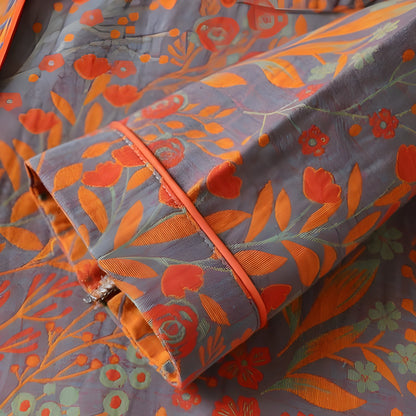 Loungewearsett i Bomull – Vintage Bladtrykk, Krage og Komfortabel Passform