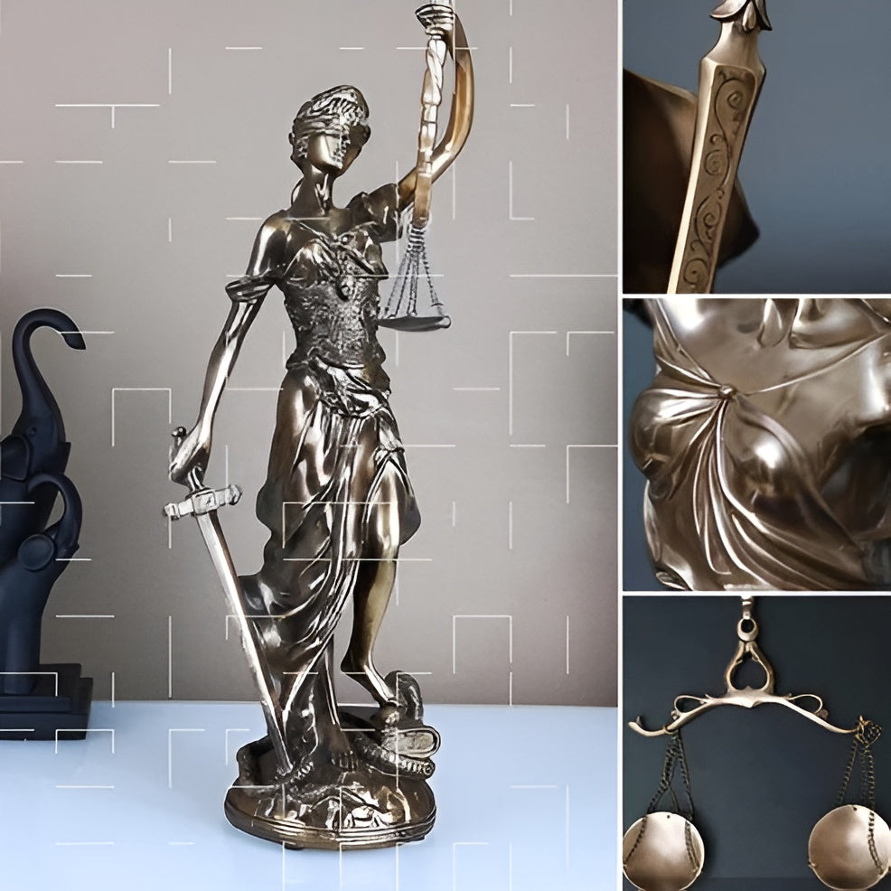 Statue Av Rettferdighetens Gudinne – En Elegant Dekorativ Skulptur Av Justitia