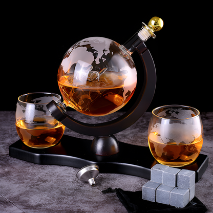 Kristall-Whiskykaraffe mit Gläsern – Weltkugel-Design | Dekorativ für Büro & Zuhause - 1 Sett - Sett med glass og kopper