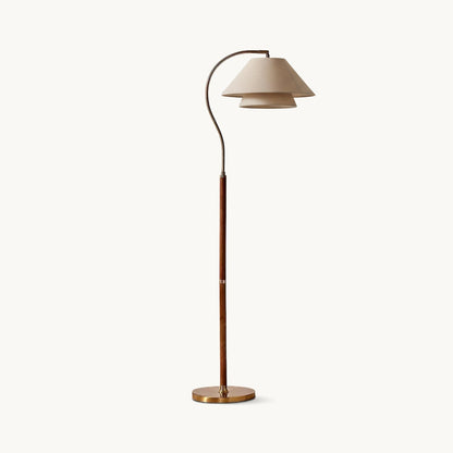 Gulvlampe med dobbel stoffskjerm og valnøttdetaljer, 155 cm høy