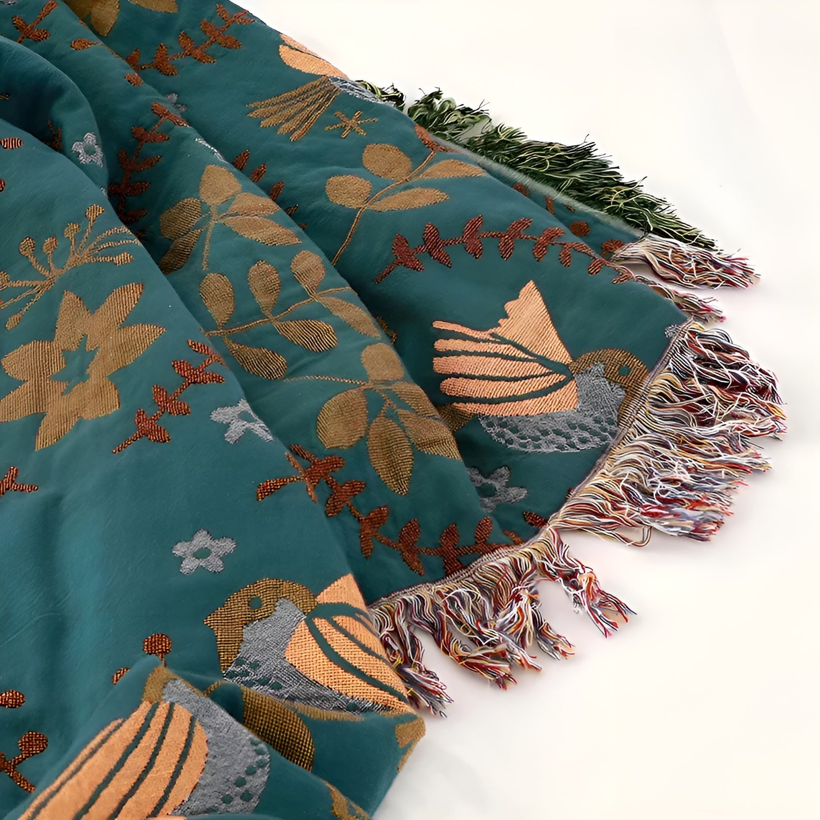 Boho-pledd – Vendbart Bomullspledd med Broderi | Dekorativt Mønster med Fugler og Blomster