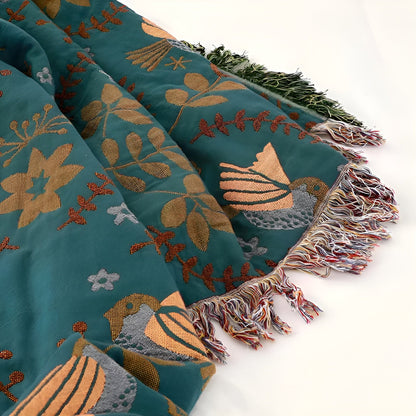 Boho-pledd – Vendbart Bomullspledd med Broderi | Dekorativt Mønster med Fugler og Blomster