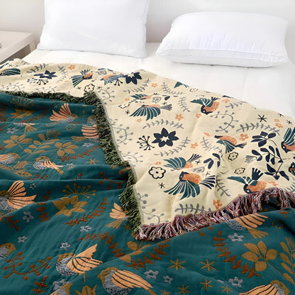 Boho-pledd – Vendbart Bomullspledd med Broderi | Dekorativt Mønster med Fugler og Blomster