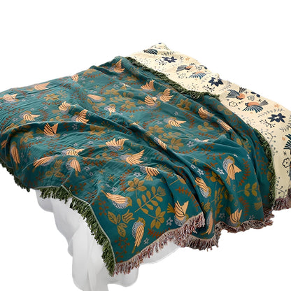 Boho-pledd – Vendbart Bomullspledd med Broderi | Dekorativt Mønster med Fugler og Blomster