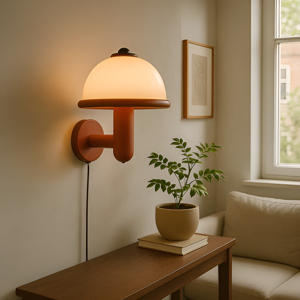 Soppformet Vegglampe – Stilrent Design med Eikebunn | Perfekt for Stue og Soverom