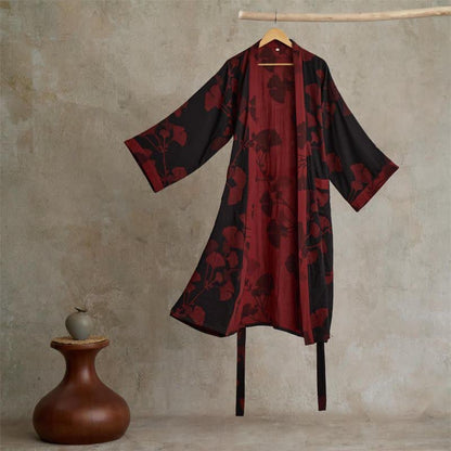 Kimono-badekåpe i bomull med ginkgoblad-mønster, forside