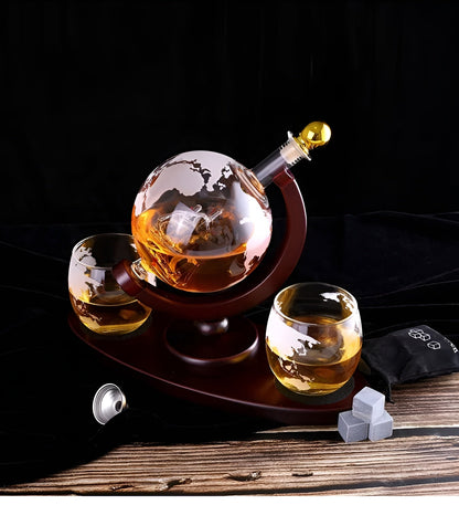Kristall-Whiskykaraffe mit Gläsern – Weltkugel-Design | Dekorativ für Büro & Zuhause - 1 Sett - Sett med glass og kopper