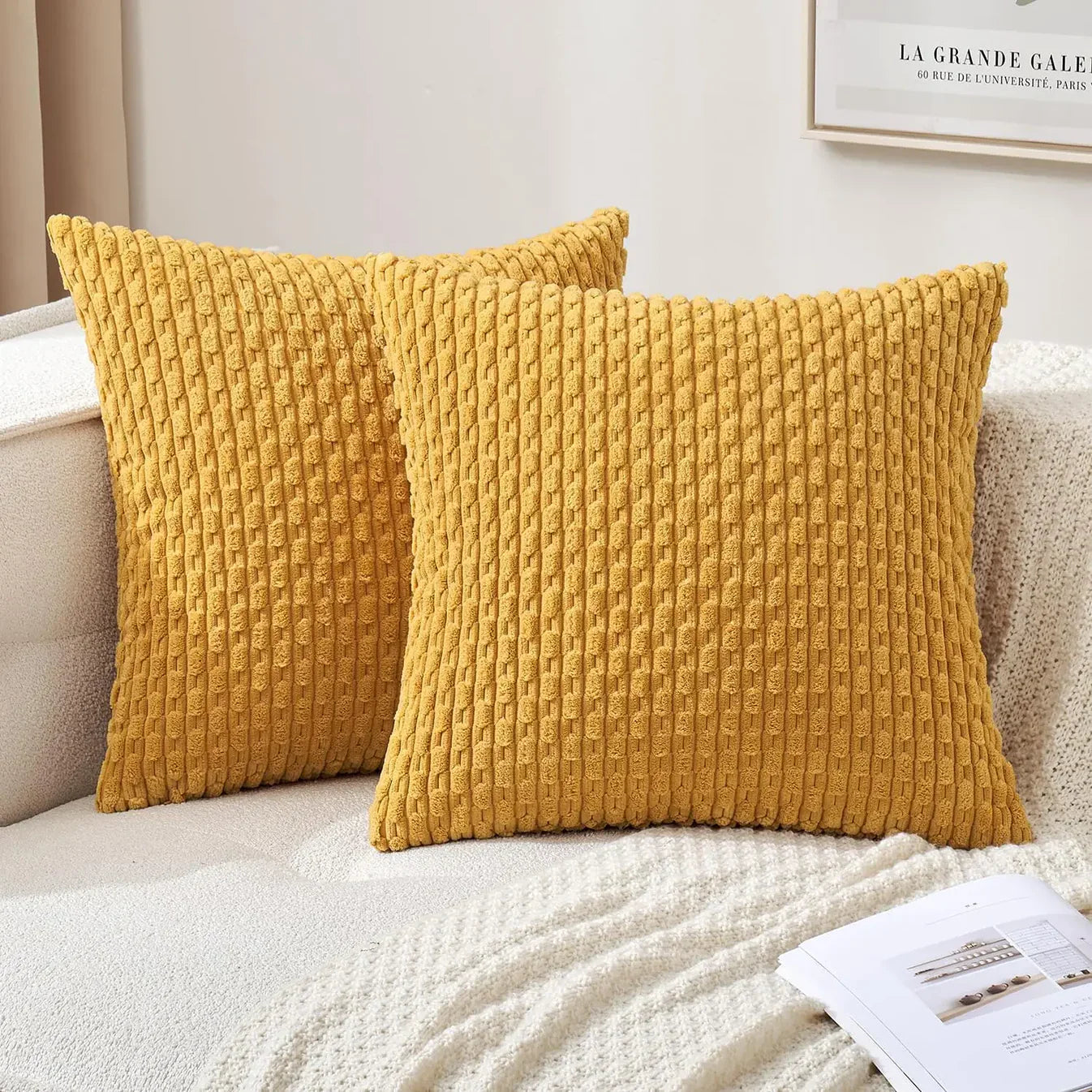Ribbet Putetrekk i Fløyel – Mykt og Koselig | Dekorativt for Sofa og Seng - Gul / 40x40cm - Pynteputer