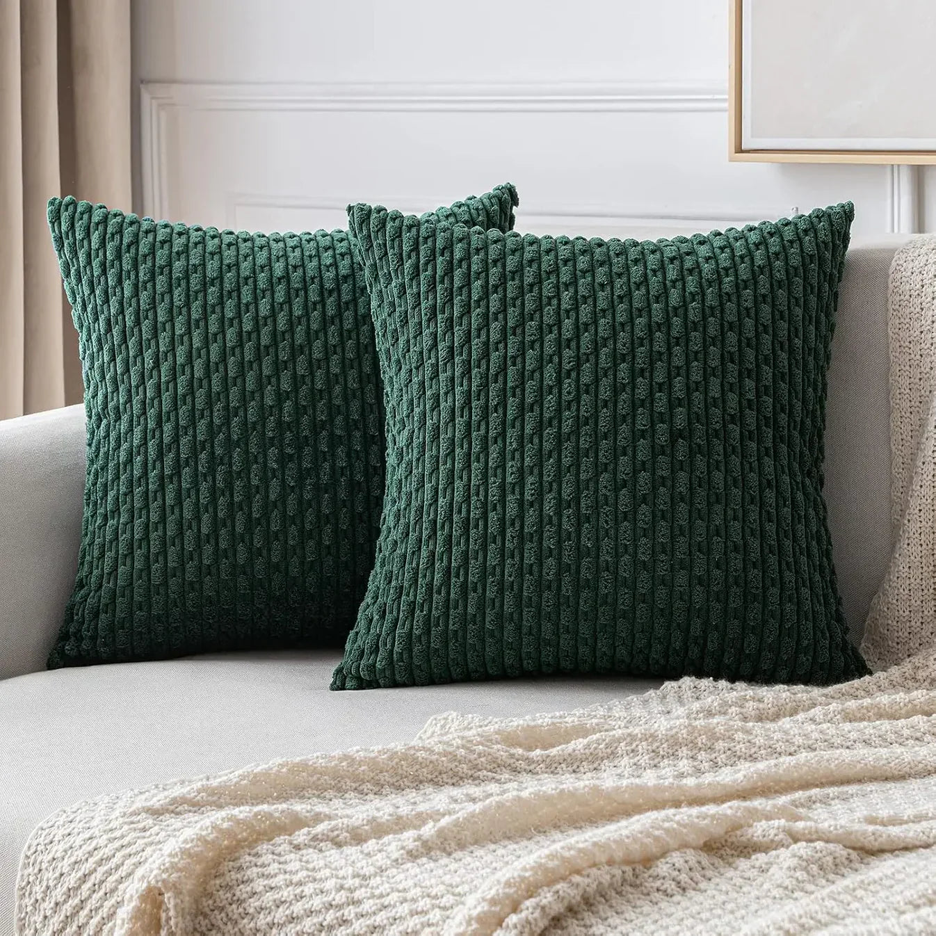 Ribbet Putetrekk i Fløyel – Mykt og Koselig | Dekorativt for Sofa og Seng - Mørkegrønn / 40x40cm - Pynteputer