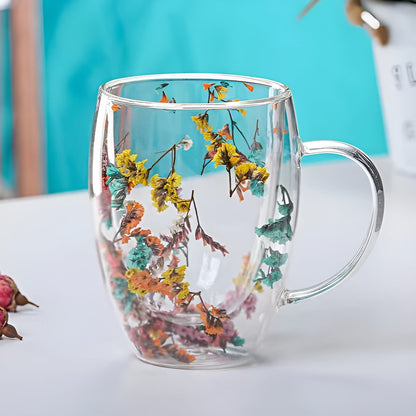 Dobbeltvegget Glass med Tørkede Blomster - Varmebestandig og Perfekt til Te, Kaffe og Hjemmet