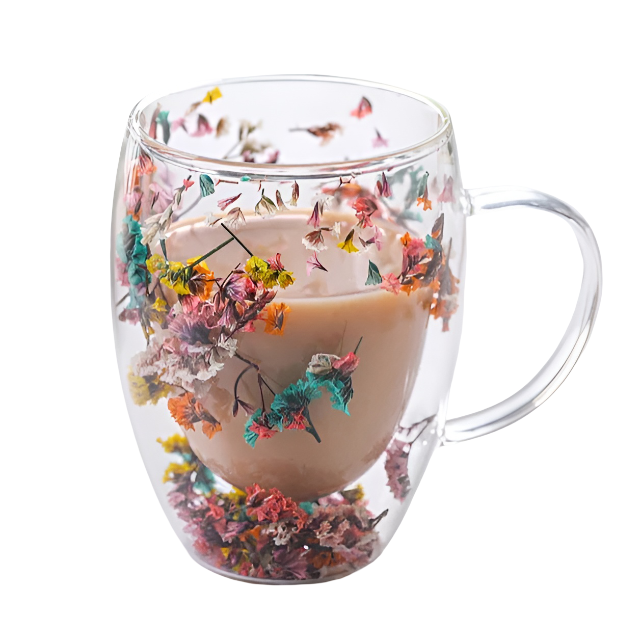 Dobbeltvegget Glass med Tørkede Blomster - Varmebestandig og Perfekt til Te, Kaffe og Hjemmet