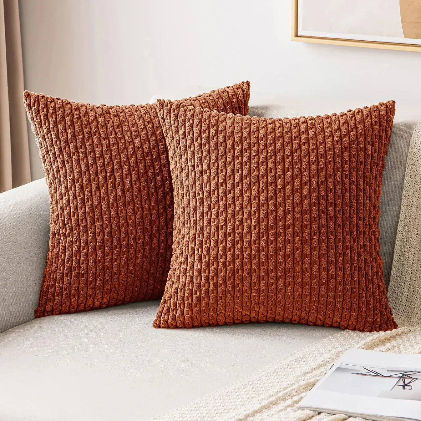 Ribbet Putetrekk i Fløyel – Mykt og Koselig | Dekorativt for Sofa og Seng - Oransje / 40x40cm - Pynteputer