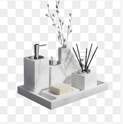 Badezimmer-Set aus Weißem Marmor – Seifenspender, Seifenschale, Toilettenbürste & Tablett | Elegante Bad-Accessoires