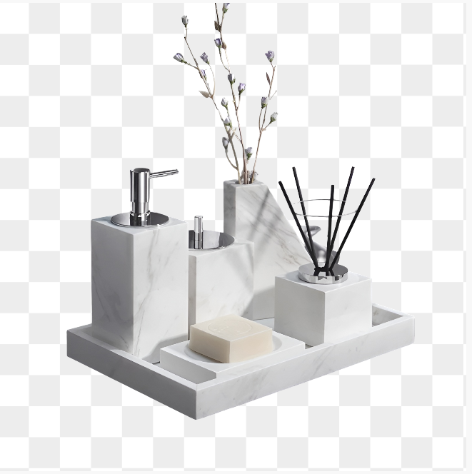 Badezimmer-Set aus Weißem Marmor – Seifenspender, Seifenschale, Toilettenbürste & Tablett | Elegante Bad-Accessoires