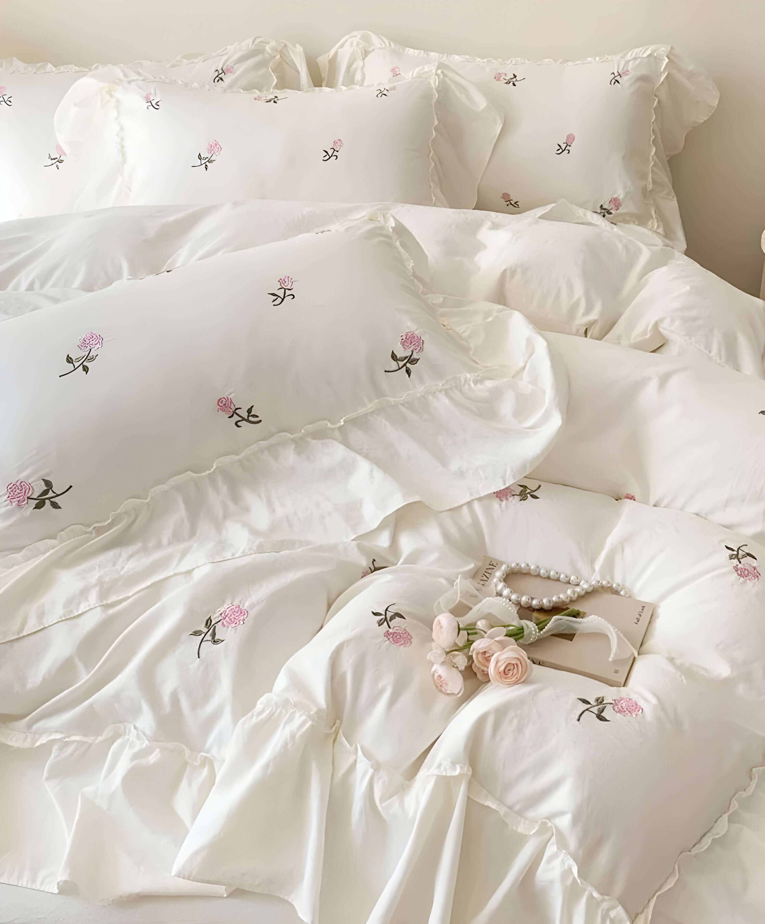 Rosabelle – Dynetrekksett med Brodert Rose (3 Deler)