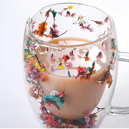 Dobbeltvegget Glass med Tørkede Blomster - Varmebestandig og Perfekt til Te, Kaffe og Hjemmet