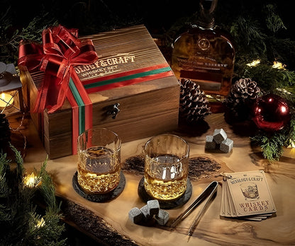 Whiskeyglas-Set mit Kühlsteinen –Mit Kühlsteinen & Kristallgläsern | Edles Geschenk mit Holzbox & Untersetzern
