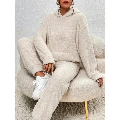 Todelt teddysett med hettejakke og joggebukse i beige