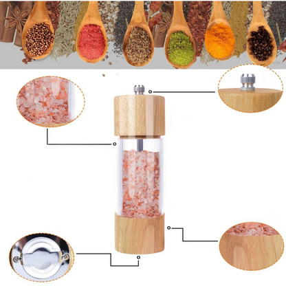 Krydderkvern i Tre – Justerbar for Salt og Pepper | 2-pakning med Akrylvindu og Børste