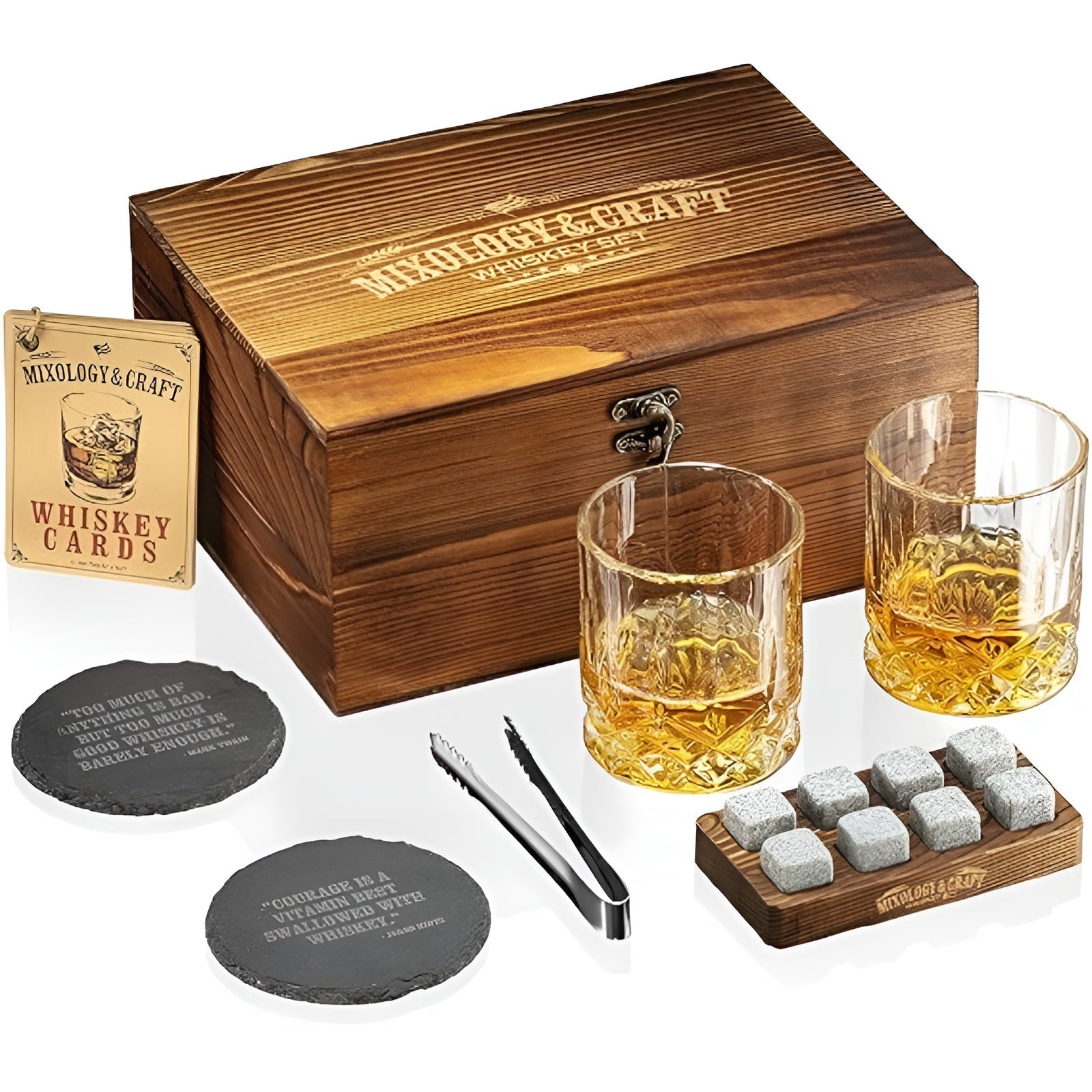 Whiskeyglas-Set mit Kühlsteinen –Mit Kühlsteinen & Kristallgläsern | Edles Geschenk mit Holzbox & Untersetzern