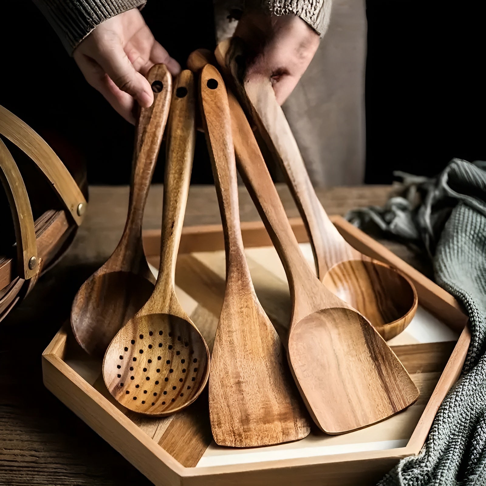 Kjøkkenredskaper i Tre – 5 Deler | Skånsomme og Naturlige for Non-Stick Panner