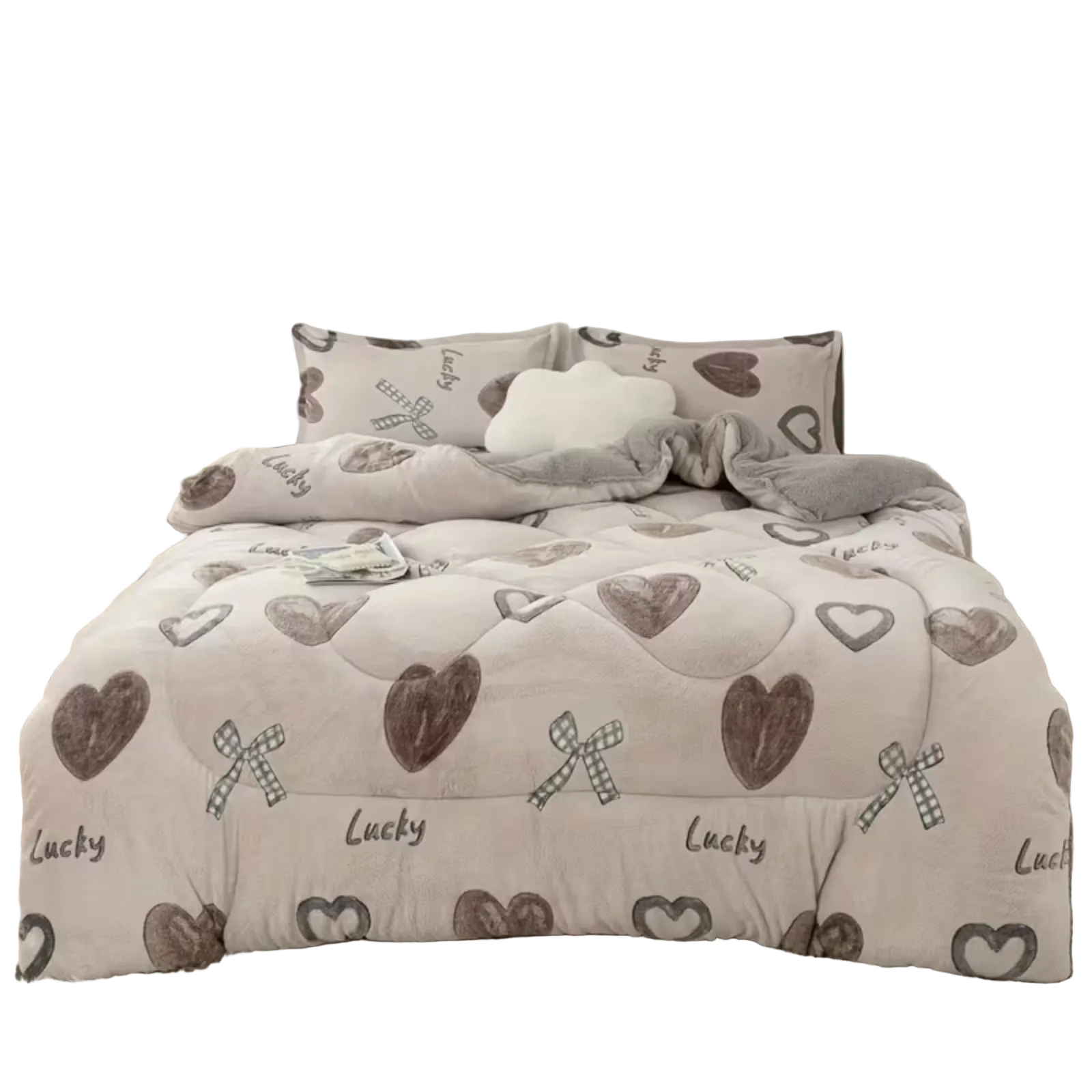 Dobbeltsidig Tofarget Fleeceteppe – Supermyk  Kunstfiberfylling, Ultramyk, Med Hjerte- Og Sløyfemønster