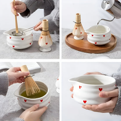 Matcha-sett Med Hjertedesign - 1/3/4/5-delt Tut Og Bambusvisp | Ideell For Hjemmebruk
