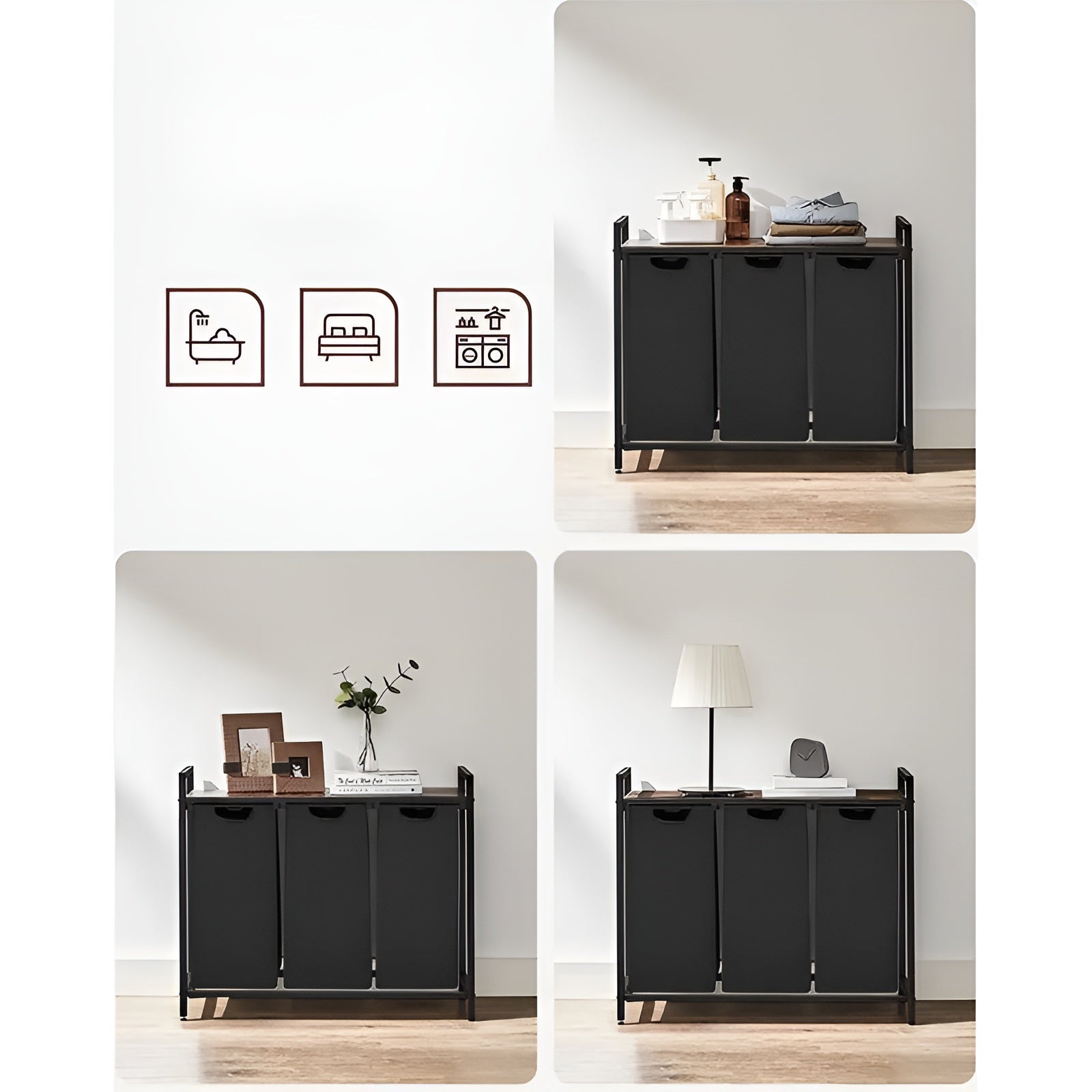 Kleskurv Med Rom – Uttrekkbar Kleskurv Med Oppbevaringsrom | Svart Metall Og Trelook I Brunt