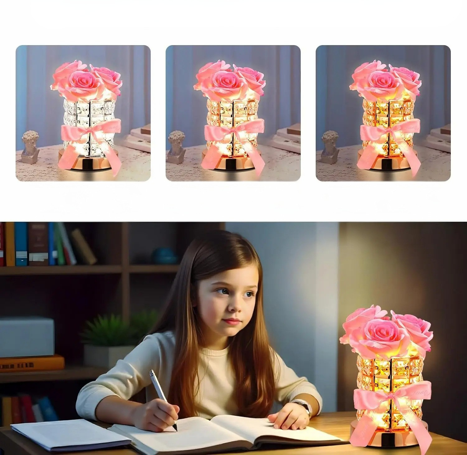 Krystallbordlampe med Rose – Dimmbar og Dekorativ | Stemningslys for Soverom og Stue