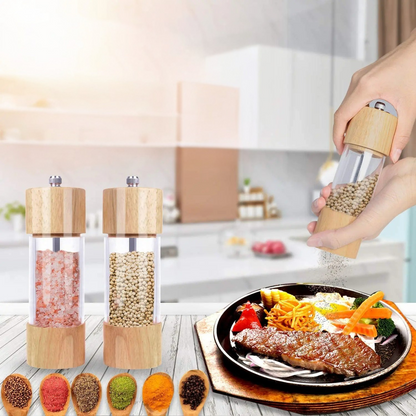 Krydderkvern i Tre – Justerbar for Salt og Pepper | 2-pakning med Akrylvindu og Børste