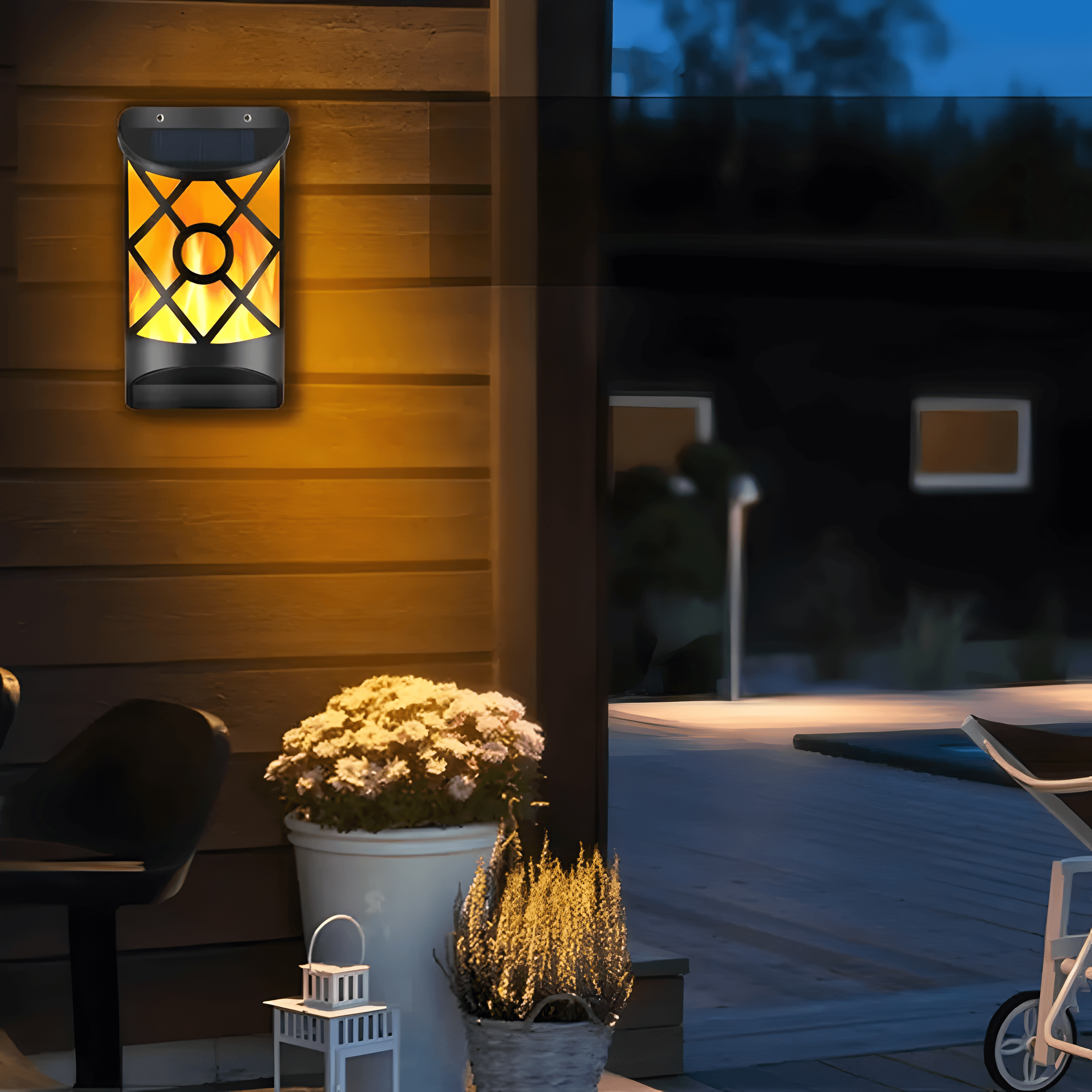 Solnova – Utendørs Solcellevegglampe med Flammelys (2 stk)