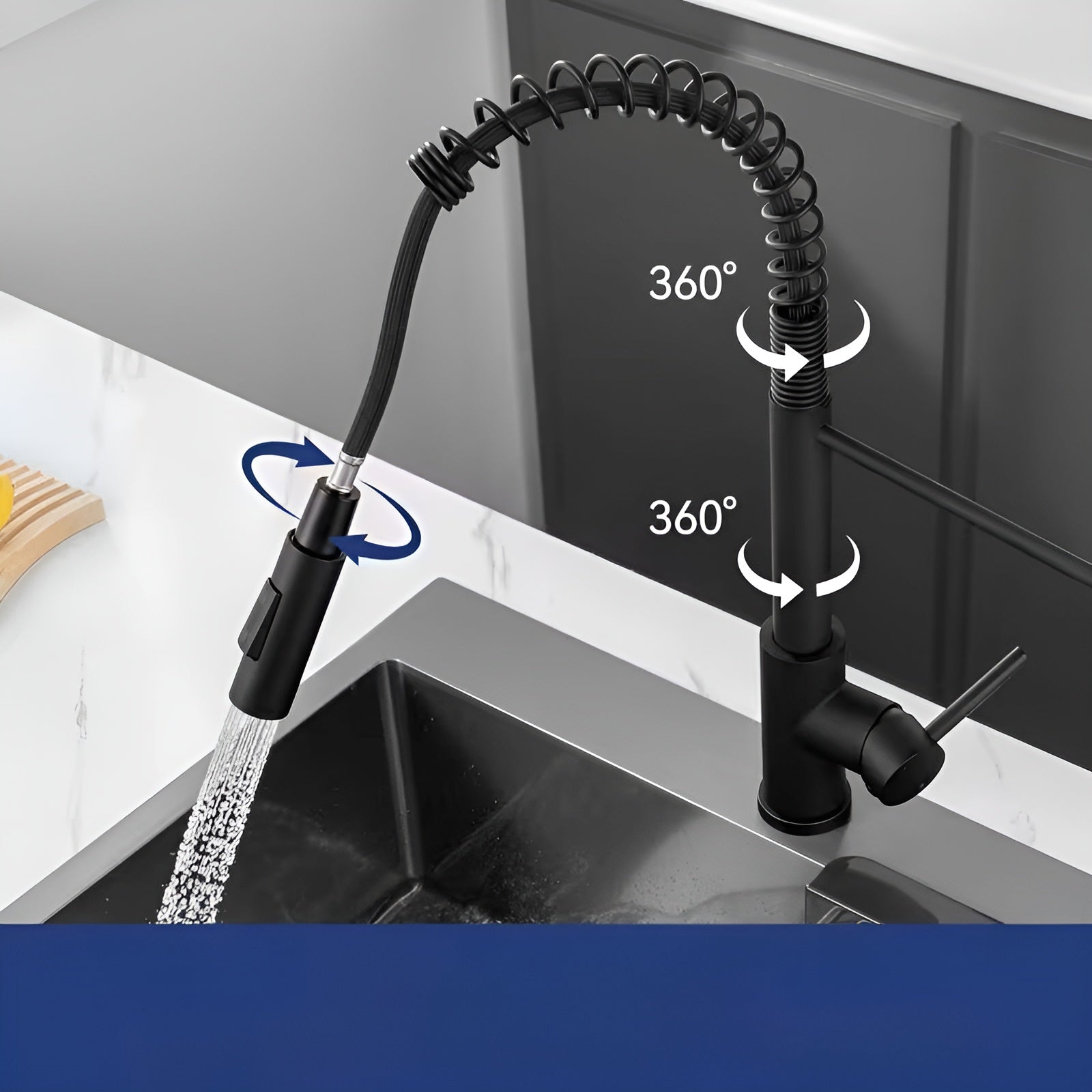 Kjøkkenarmatur med Fjær – Fleksibel og 360° Svingbar | Rustfritt Stål med Uttrekkbar Dusj og 2 Stråletyper - Schwarz