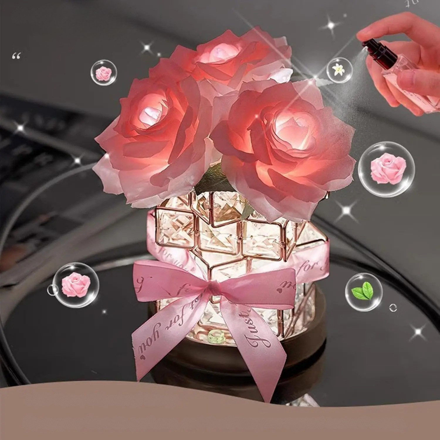 Krystallbordlampe med Rose – Dimmbar og Dekorativ | Stemningslys for Soverom og Stue