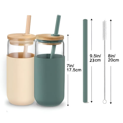 Drikkeglass Med Sugerør – 2-delers Sett Med Trelokk Og Silikonholder | Perfekt Til Kaffe, Juice Og Smoothies