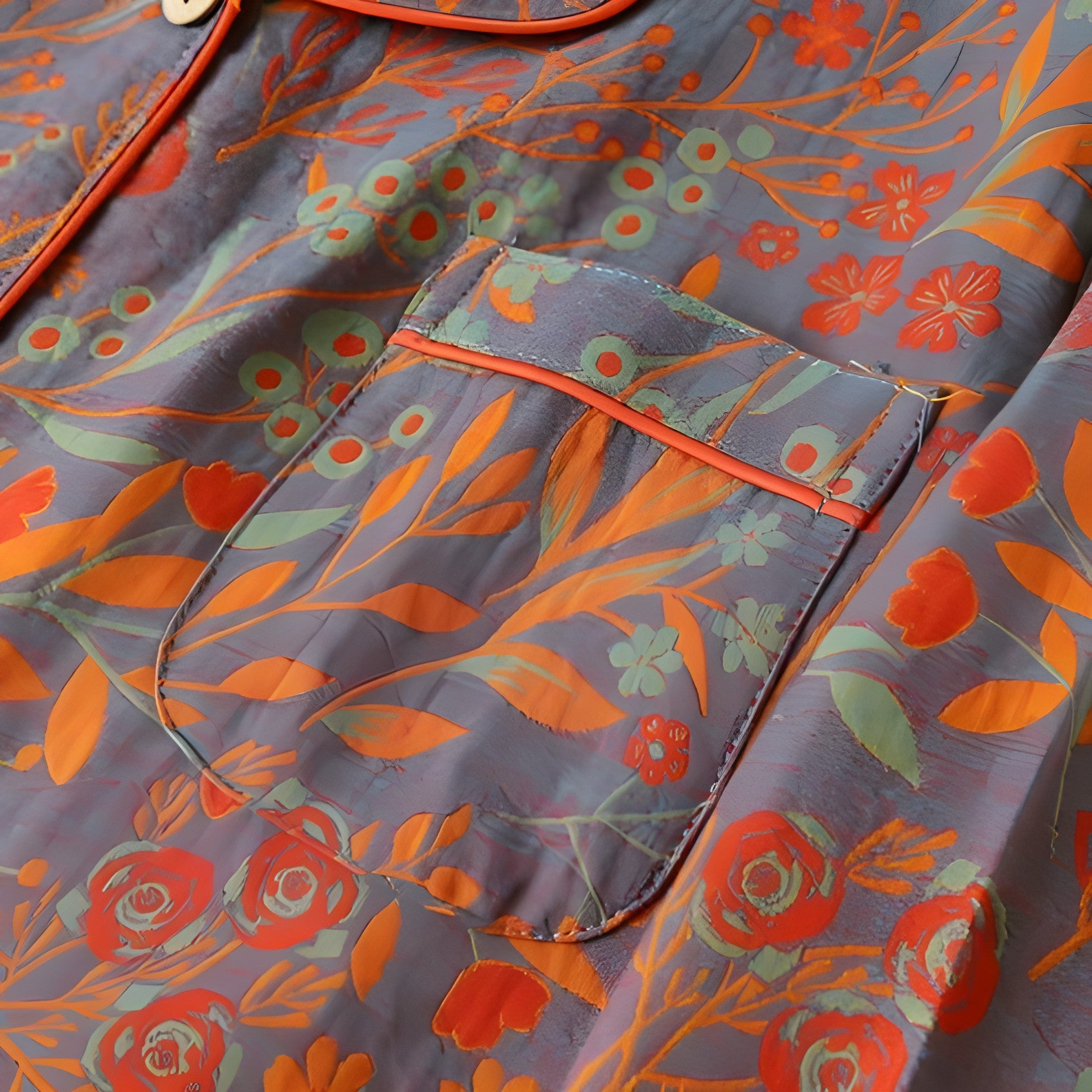 Loungewearsett i Bomull – Vintage Bladtrykk, Krage og Komfortabel Passform