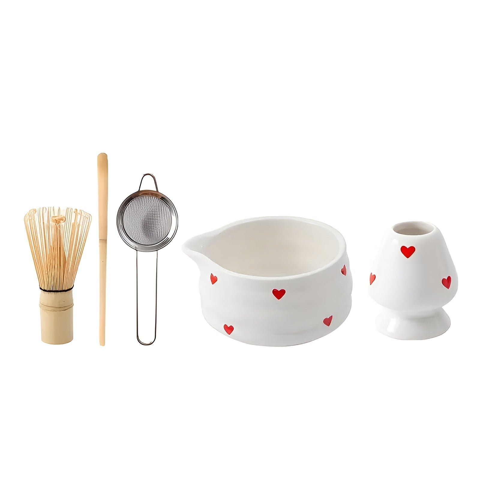 Matcha-sett Med Hjertedesign - 1/3/4/5-delt Tut Og Bambusvisp | Ideell For Hjemmebruk