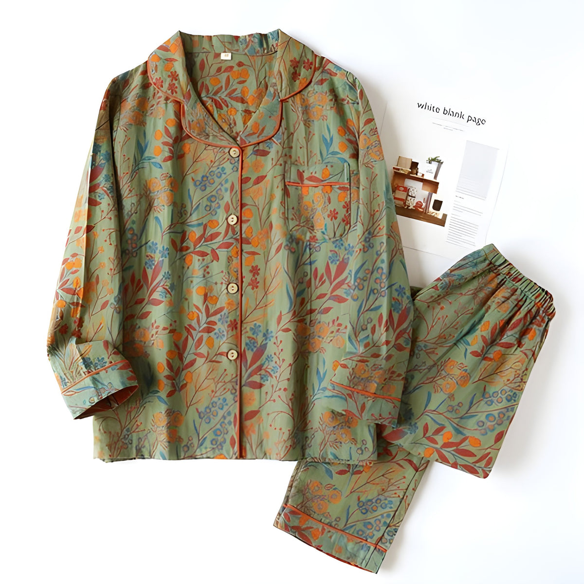 Loungewearsett i Bomull – Vintage Bladtrykk, Krage og Komfortabel Passform