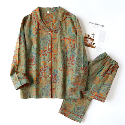 Loungewearsett i Bomull – Vintage Bladtrykk, Krage og Komfortabel Passform