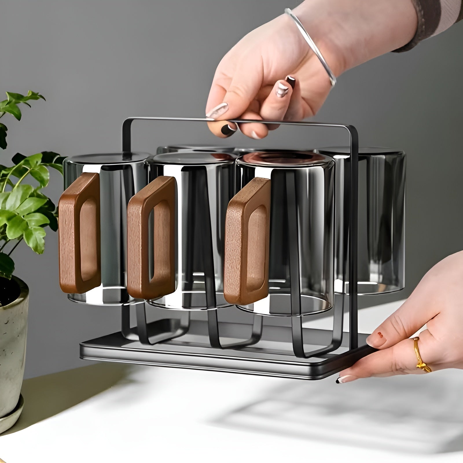 Glasskrussett med Trehåndtak – Varmebestandig og Elegant | Perfekt for Te Vann og Servering - Sett med glass og kopper
