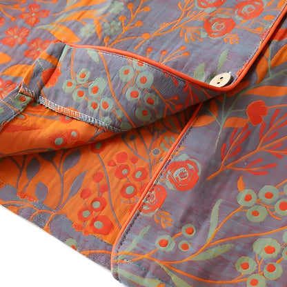 Loungewearsett i Bomull – Vintage Bladtrykk, Krage og Komfortabel Passform