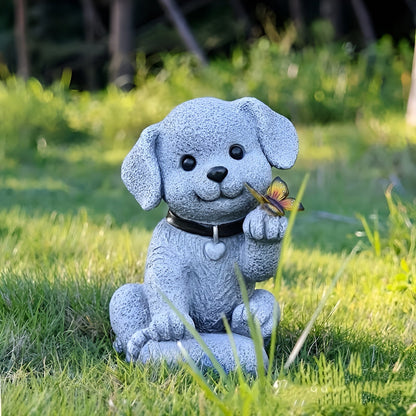 Solcelle Hundefigur med Sommerfugl – Dekorativ og Stemningsfull Hagebelysning | Værbestandig for Hage og Terrasse