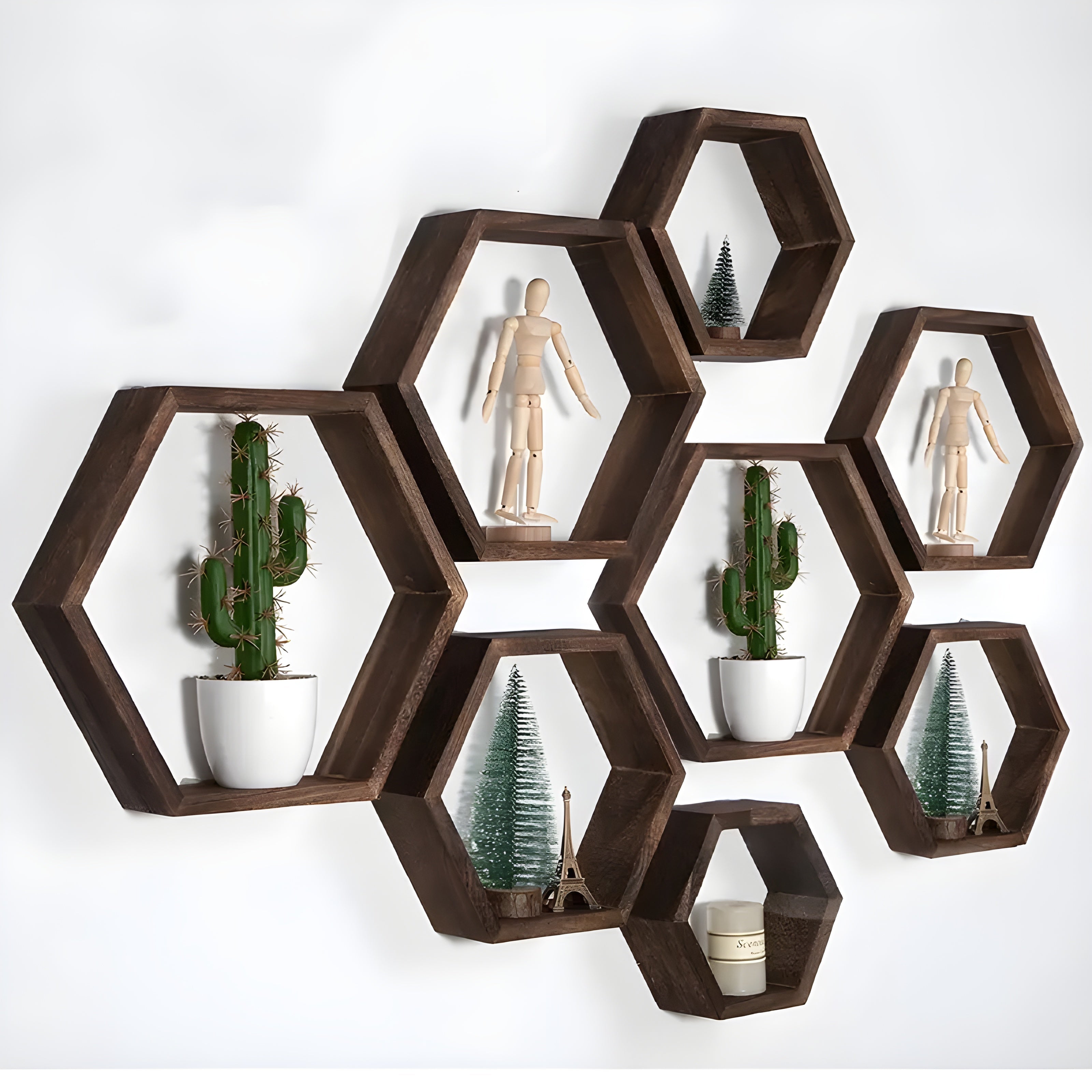 Vegghyller i Tre – Dekorativt 5-Pack i Sekskantet Design | Perfekt for Oppholdsrom