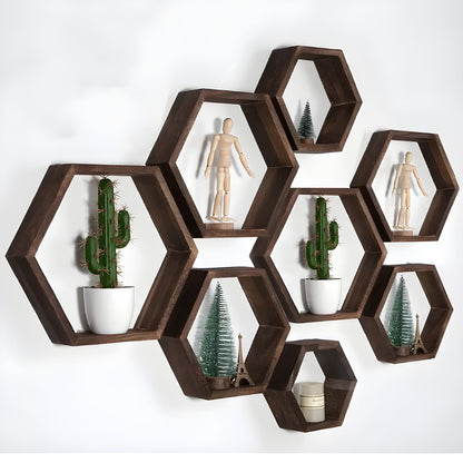 Vegghyller i Tre – Dekorativt 5-Pack i Sekskantet Design | Perfekt for Oppholdsrom