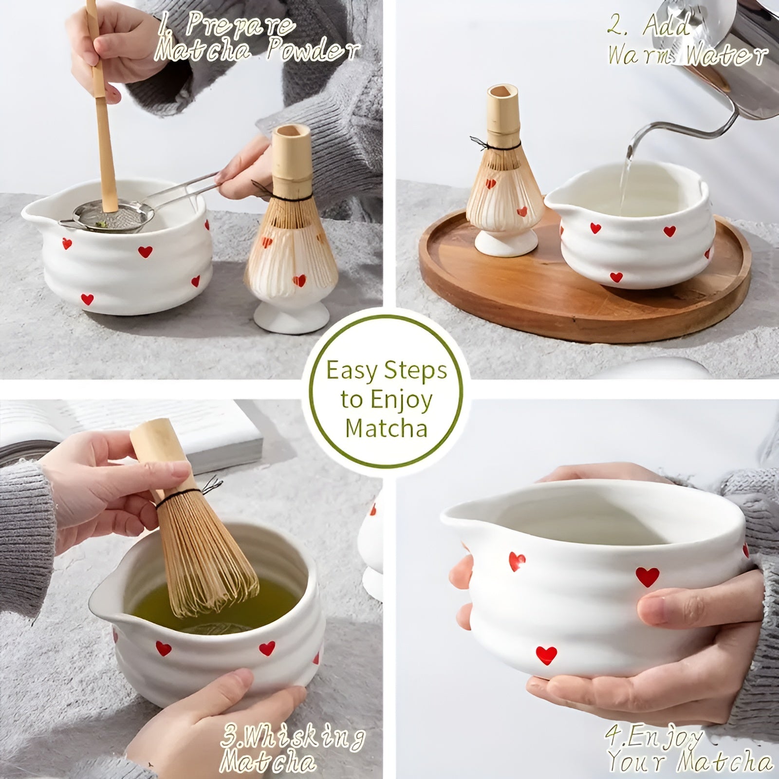 Matcha-sett Med Hjertedesign - 1/3/4/5-delt Tut Og Bambusvisp | Ideell For Hjemmebruk