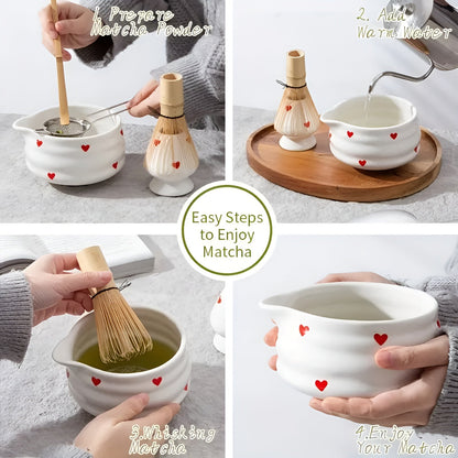 Matcha-sett Med Hjertedesign - 1/3/4/5-delt Tut Og Bambusvisp | Ideell For Hjemmebruk