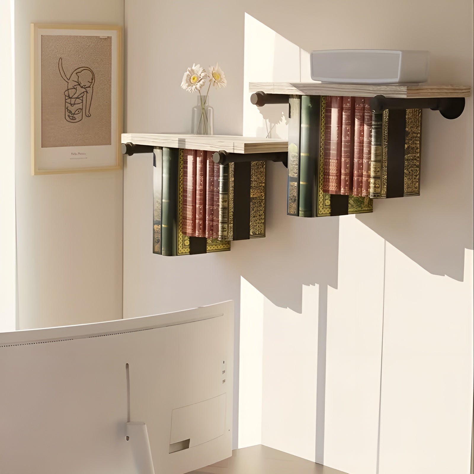 Svevende Bokhyller (2-pakning) – Plassbesparende og Dekorativ | Vegghyller for Stue og Kontor