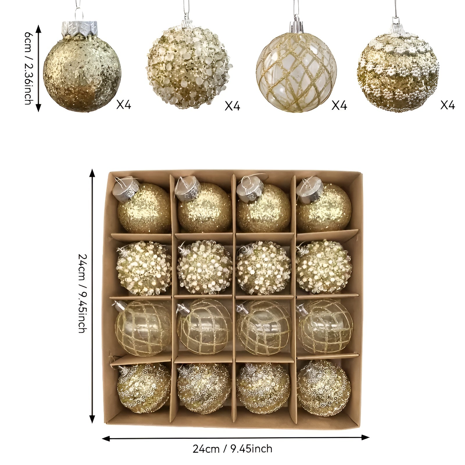 Julekuler Sett (16 stk, Ø 6 cm) – Elegante Kuler i Champagne | Perfekt til Juletreet